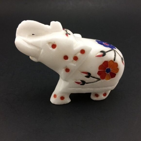 White Marble Elephant Figurine with Stone Inlay Floral Motif Trunk Up Handmade - Picture 1 of 16